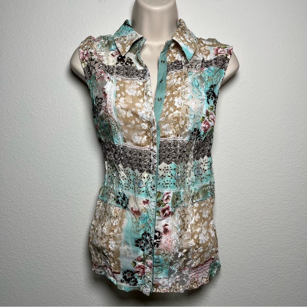 VTG 90s Agora Women Fairy Patchwork Sheer Mesh Top‎ Small Green Floral Western